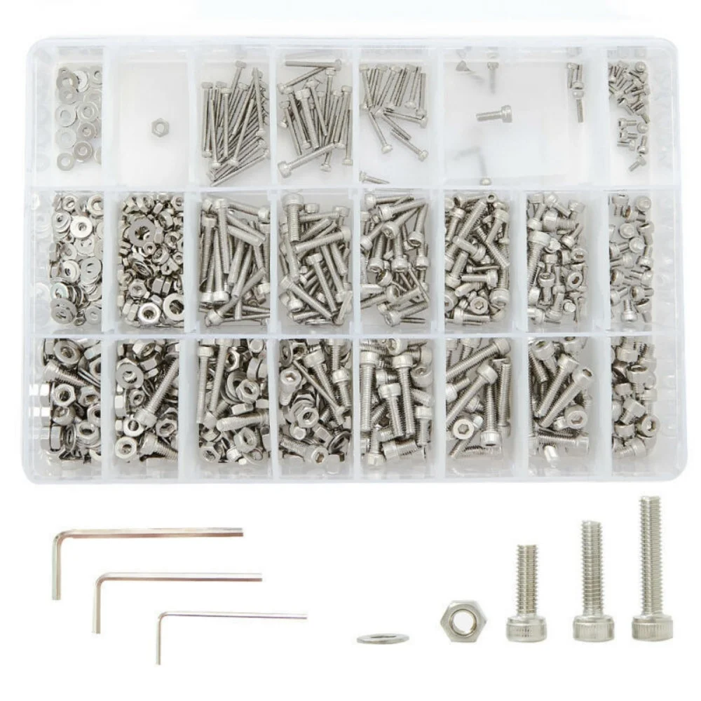 1080Pcs Stainless Steel Hex Button Socket Head Cap Screws Hexagon Thread Machine Metric Nut Bolt Assortment Kit Set M3/M4/M5