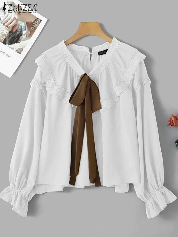 ZANZEA 2025 Frauen Langarm Elegante Bluse 2025, Rüschen Shirts Bogen Kragen Farbe Patchwork Casual Tops Lose Mode Blusas