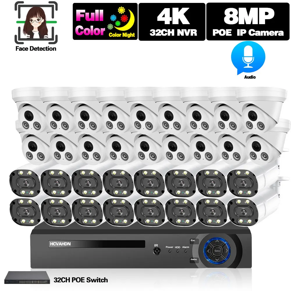 Color Night Vision CCTV Camera Security System Kit 32 Channel 4K POE NVR Kit Outdoor Metal POE Camera Video Surveillance System