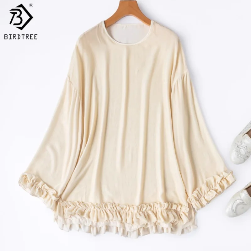 

Birdtree,100% Mulberry Silk Velvet Loose Blouse,Women V-neck Full Sleeve Soft Tops,2025 Autumn Ruffle Bottoming Shirt T5O730JF