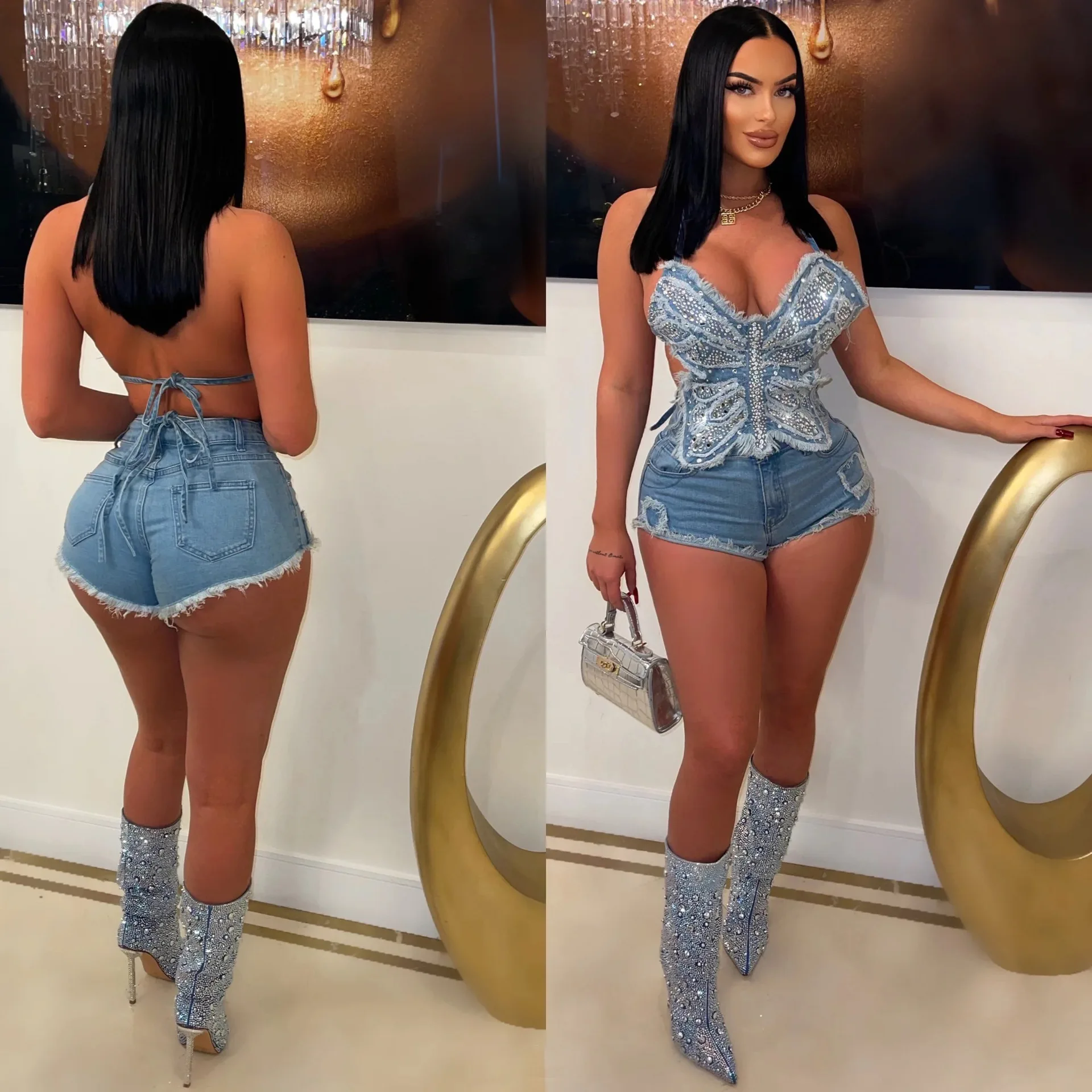 Sexy Denim Jean 2 Piece Matching Pant Set Outfits 2023 Summer Women Clothes Y2K Biker Shorts Suits Sets Cropped Tops Tracksuit