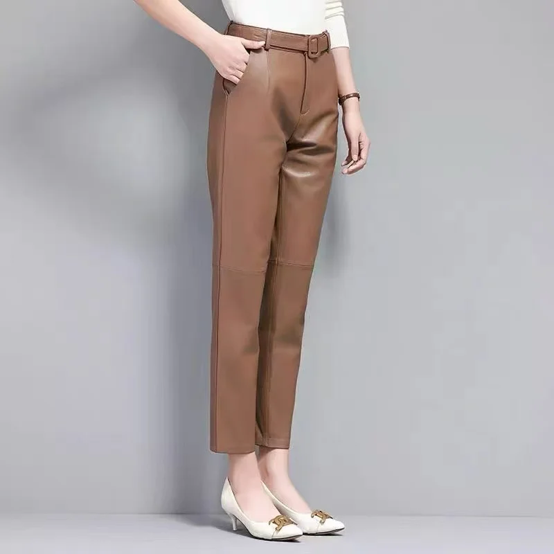 Calças de couro genuíno outono feminino pele de carneiro meados de cintura envoltório hip cinto fino café/caqui/caramelo lápis calças pantalones mujer