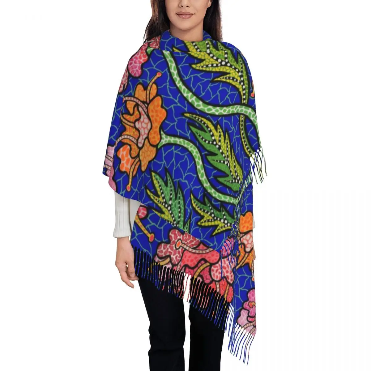 Women's Scarf with Tassel Yayoi Kusama Flowers Single-sided Pattern Winter Warm Shawl and Wrap Gifts Cashmere Scarf