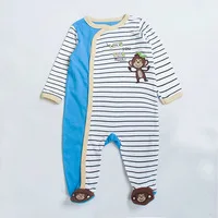 Clearance 1Pc 12M Cartoon Monkey Long Sleeve Spring Autumn Cotton Baby Boy Color Block Striped Footed Onesie