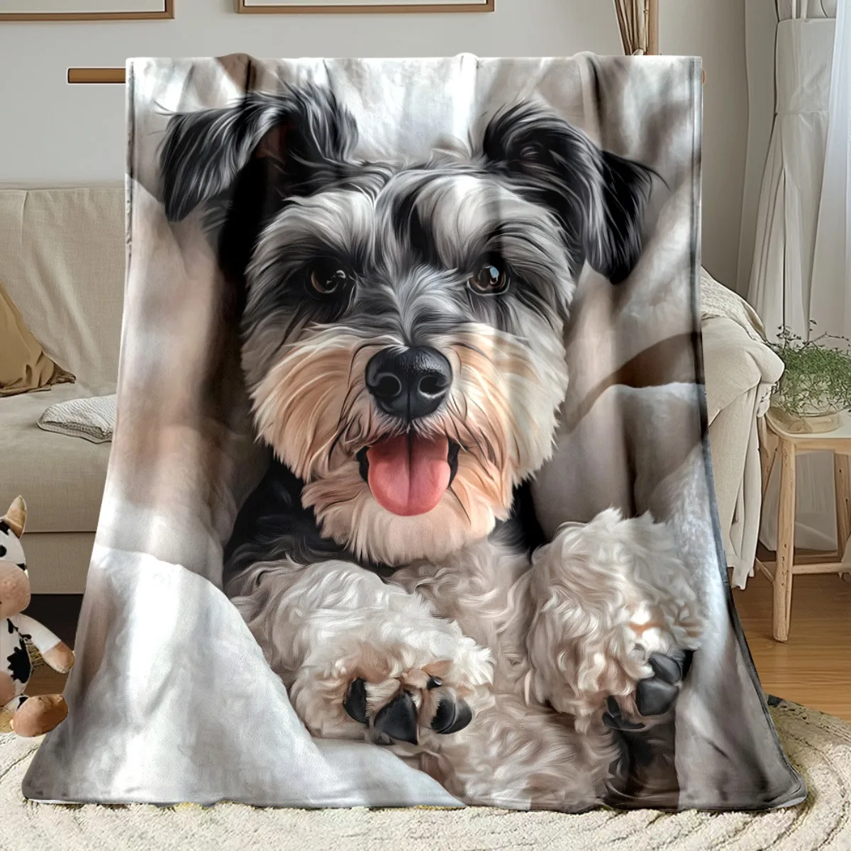 1pc Schnauzer dog portrait realistic pet fleece blanket soft warm throw for dog lovers home decor pet gift cozy cover