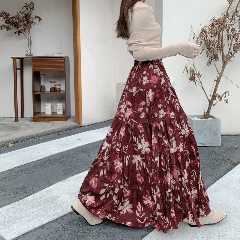 Red Floral Cake Half Skirt Women's Autumn Winter Loose A-Line Pleated Flower Large Skirt Long Skirt Splicing Citywalk Polyest...