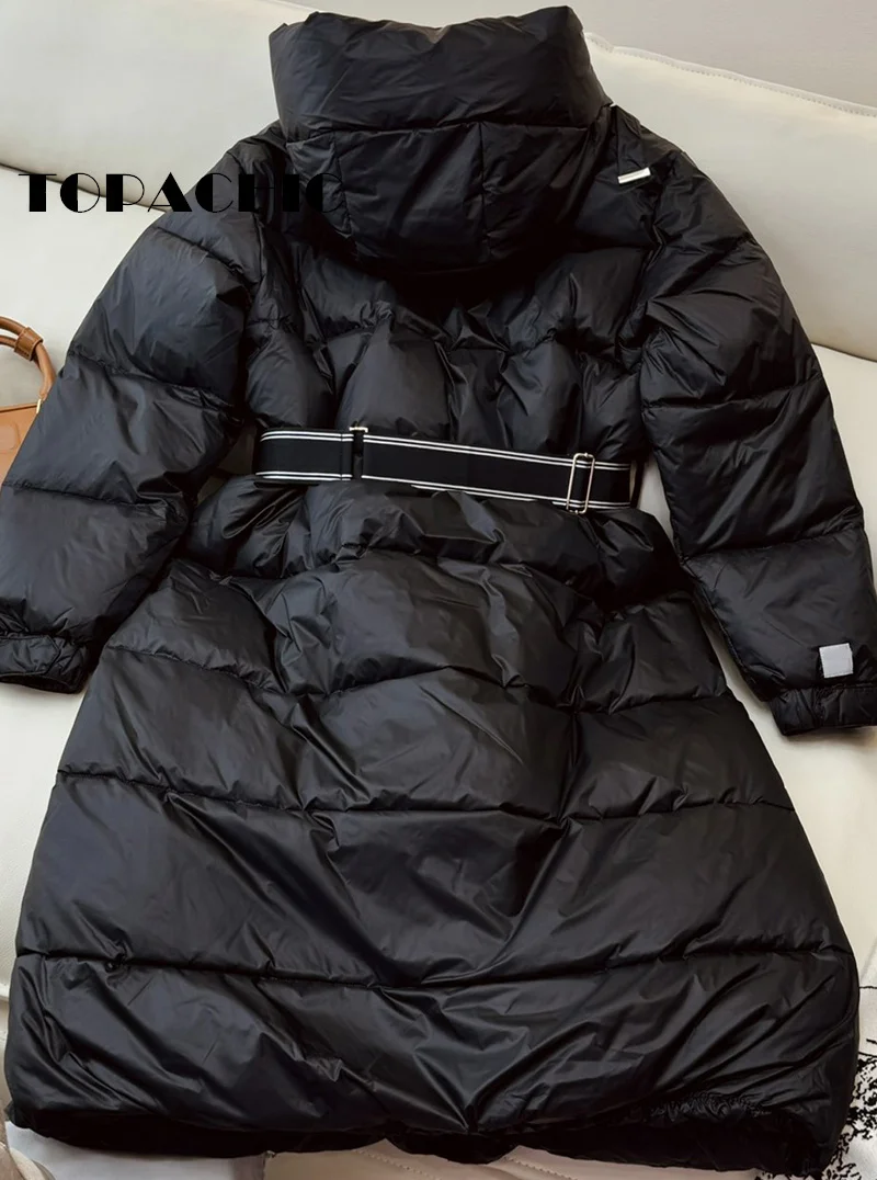 8.31 TOPACHIC-Women Quilted Sashed Collect Waist Long Down Jacket Hooded Keep Warm Double Zipper Goose Down Thick Outerwear