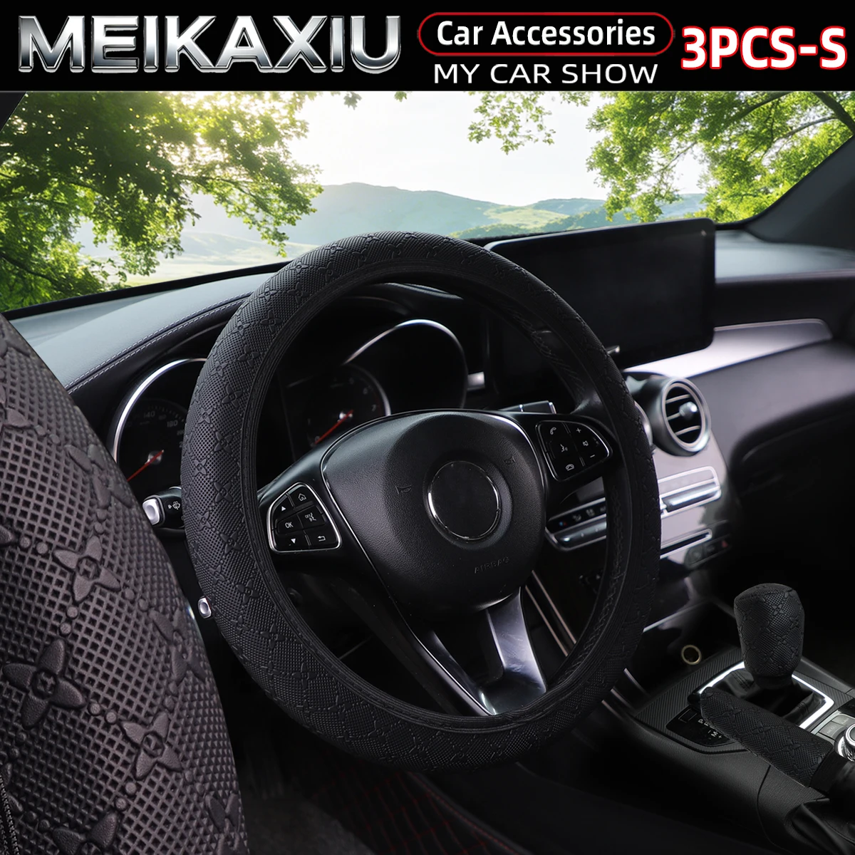 3PCS Women's 3D Star Flower Design PU Leather Car Accessories Set - Steering Wheel Handbrake & Gear Shift Covers No InnerRingnew