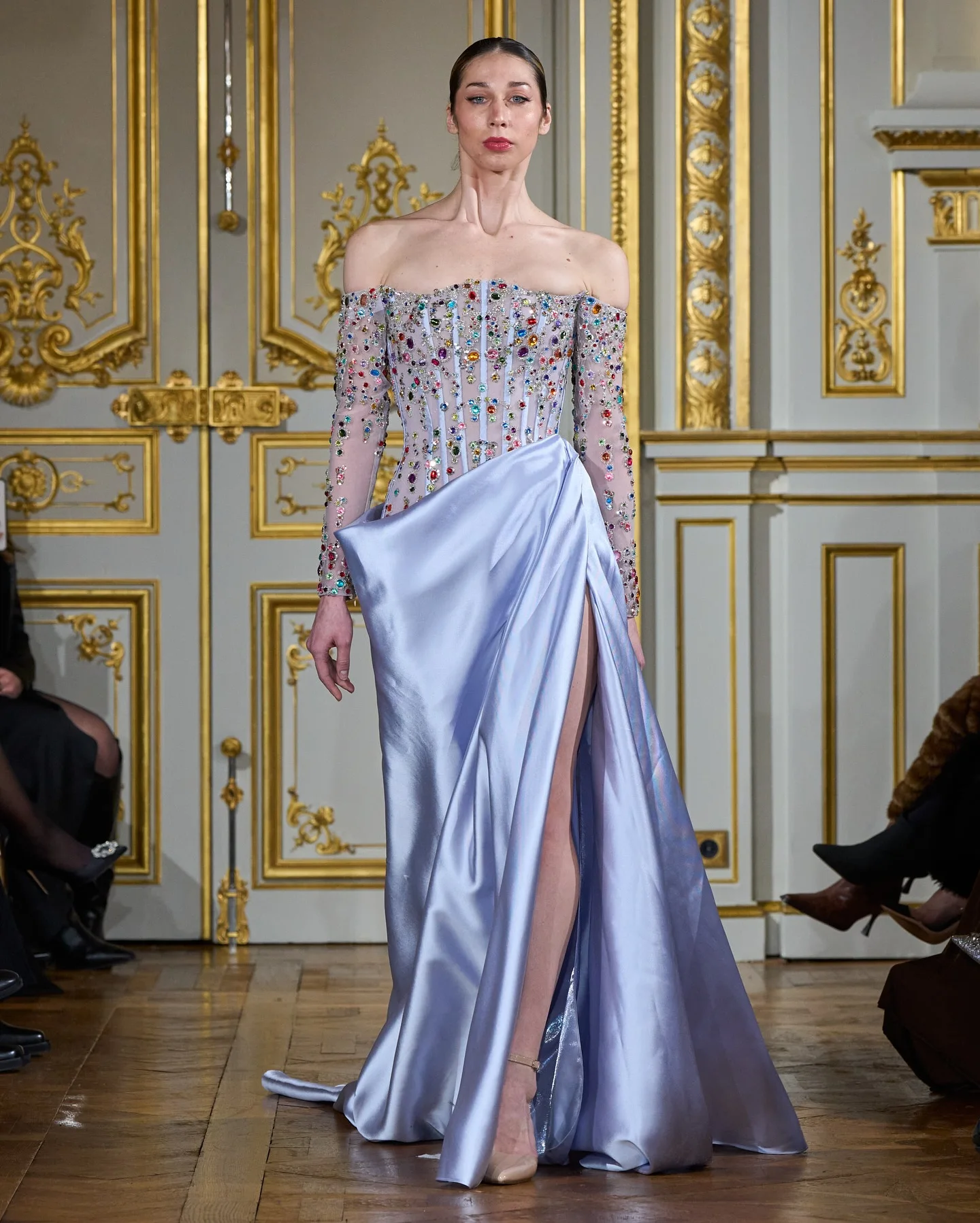 Off‑Shoulder Crystal Embellished Evening Gown Long Sleeves High Slit Satin Dress Transparent Organza Baroque Glamour Party Gown