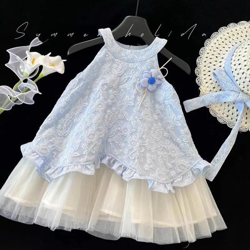 

TOY-2025Summer New Girls' Fresh Blue Design Sleeveless Floral Strap Dress 3D Embroidered Dress Trend