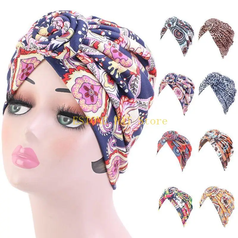 49MF Women Knotted Headscarf Cap Muslim Hijab Turban Hair Loss Cover Scarf for Head Wrap Paisley Floral Print Bandana Beanie