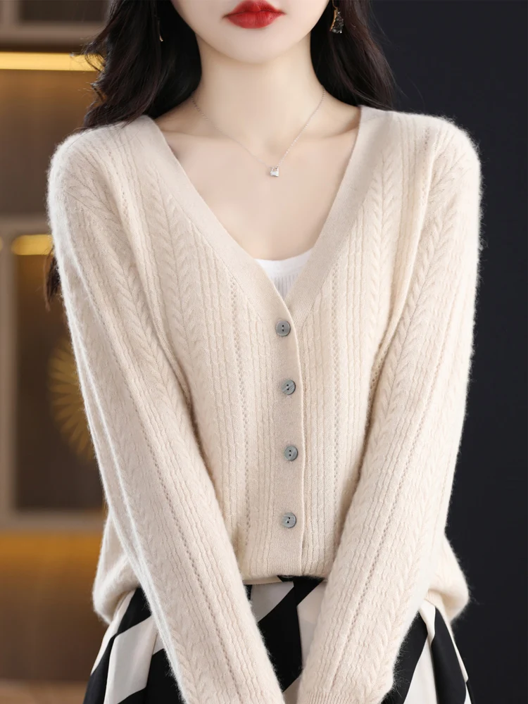 Spring Autumn Women V-Neck Cardigan 100% Merino Wool Long Sleeve Sweater Cashmere Knitwear Korean Casual Quality Tops Clothing