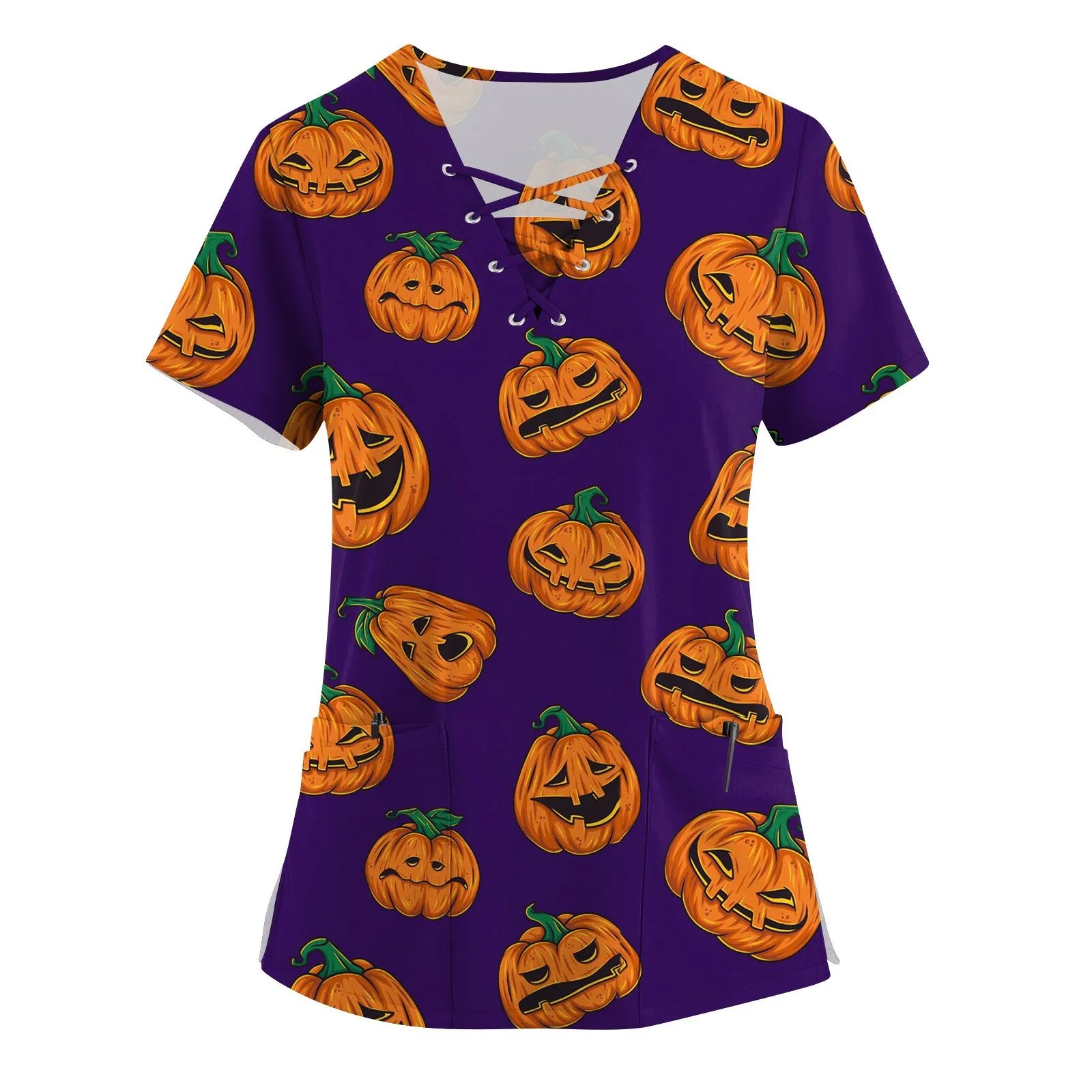 Halloween Print Nurse Uniform Women Short Sleeve V-neck Tops Healthcare Tunic Pocket Blouse Overalls Female uniforme clinico