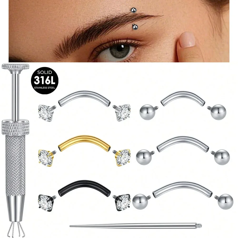 Internally Threaded Eyebrow Piercing Jewelry,16G Stainless Steel Vertical Labret Lip Jewelry,Curved Barbell Eyebrow Rings Rook