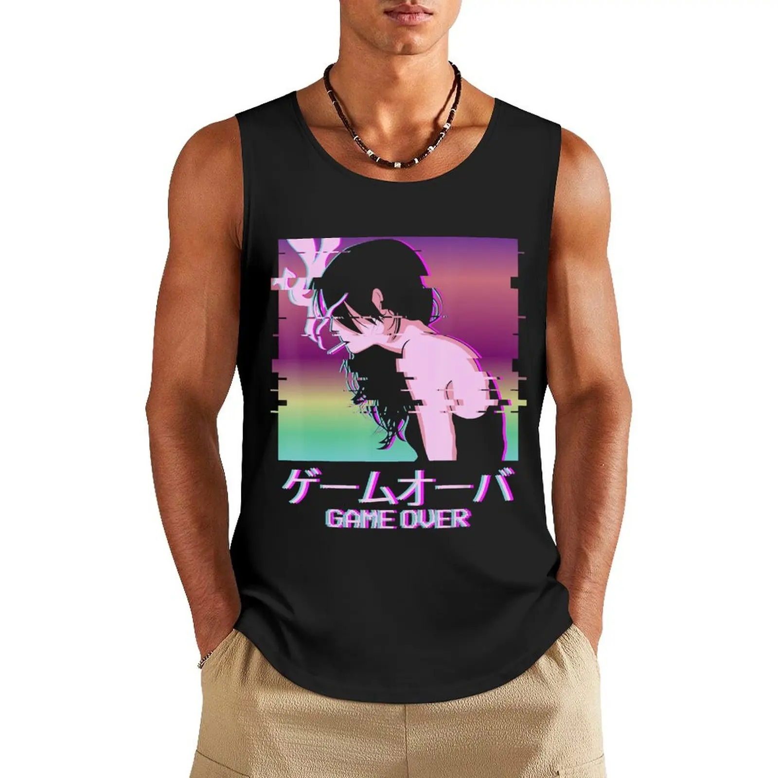 

Japanese Vaporwave Sad Anime Girl Game Over Indie Aesthetic Tank Top sleeveless gym shirts male men gym clothing