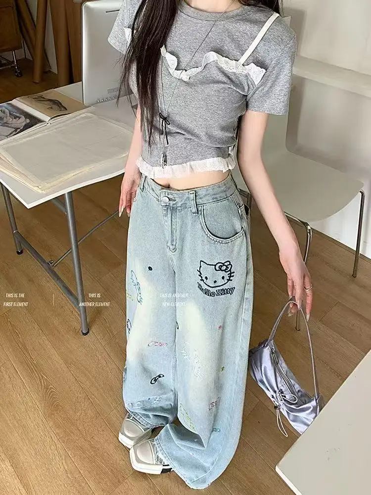 Sanrio Kawaii Jeans Hello Kittys Linda niña pantalones de pierna ancha cintura alta nuevo estilo pantalones vaqueros sueltos cómodos dibujos animados rectos