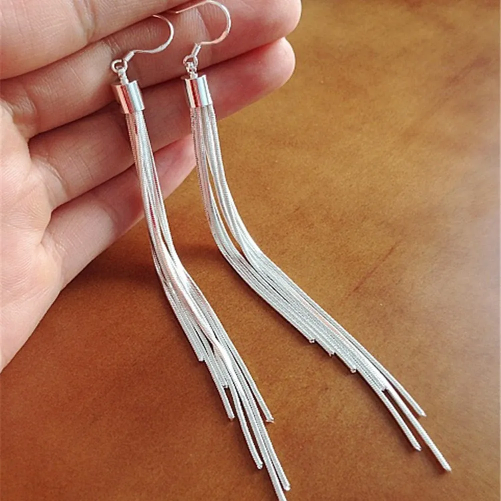 Silver Tone Long Tassel Earrings Lightweight Thread Drop Earrings for Women Ethnic Style Fashion Jewelry Gift