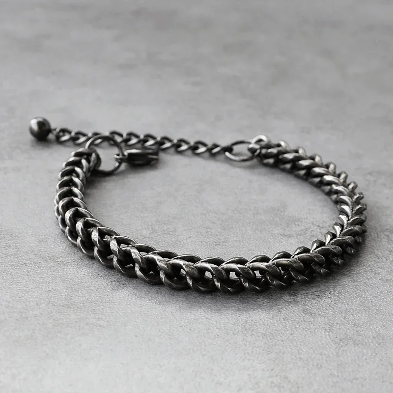 Punk Retro Oxidized Black Cuban Chain Bracelets for Men Motocycle Link Chain Stainless Steel Street Rock Motor Jewelry