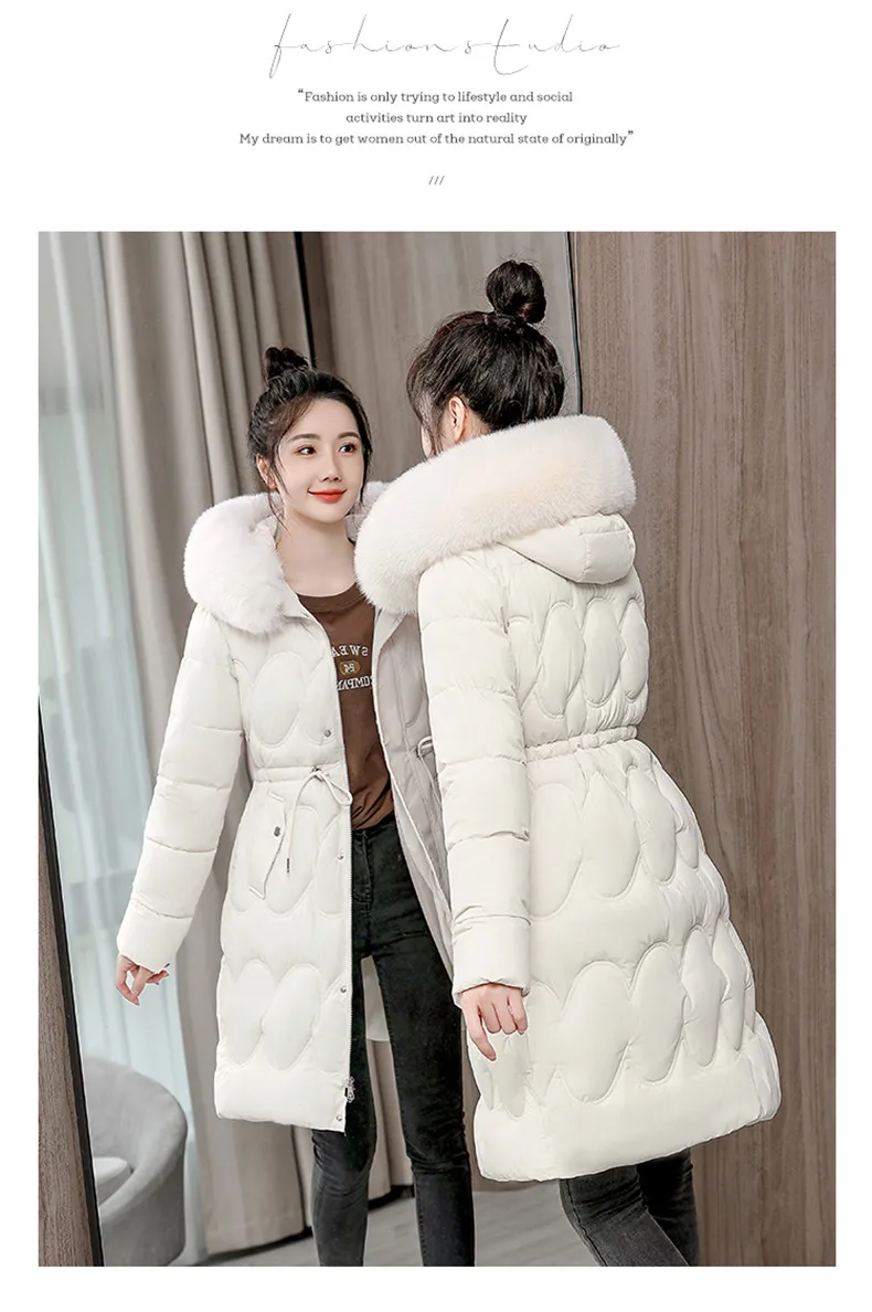 2026 Winter New Fur Collar Puffer Down Parka Loose Long Hooded Warmer Thicken Snow Jacket Pocket Zipper Outerwear Female