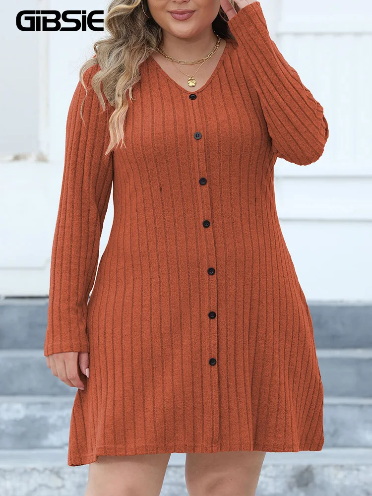 GIBSIE Plus Size Solid Button Front Ribbed Knit Dress Women 2023 Fall Casual Long Sleeve V Neck Mini Dresses Without Belt