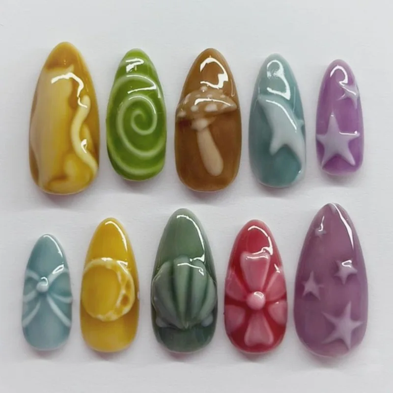 

24PCS Colorful Almond Press on False Nails Cute Star Bow Nail Tips Sweet Cool Flowers Swirl Patterns Fake Nails for Women Patch