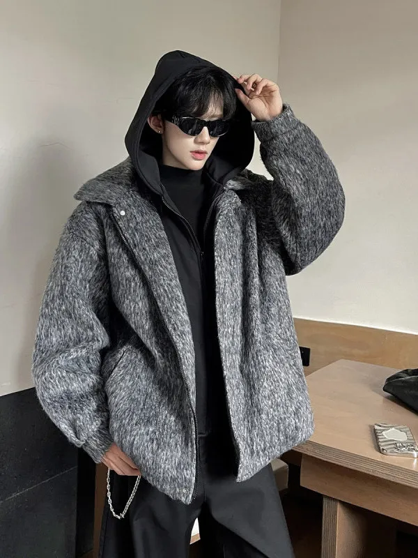 

Winter New Men's Thiened Cotton Lined Hooded Woolen Jaet Korean Sle Casual Loose Fit Warmth Outerwear Coat