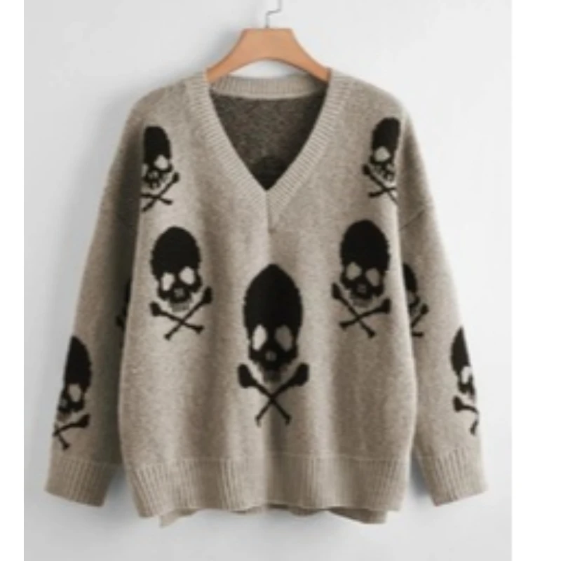 

2024y2k New European and American Halloween Christmas Alien Warm Sweater Black Skull Street Winter Sweater Y2K Knitted Sweater