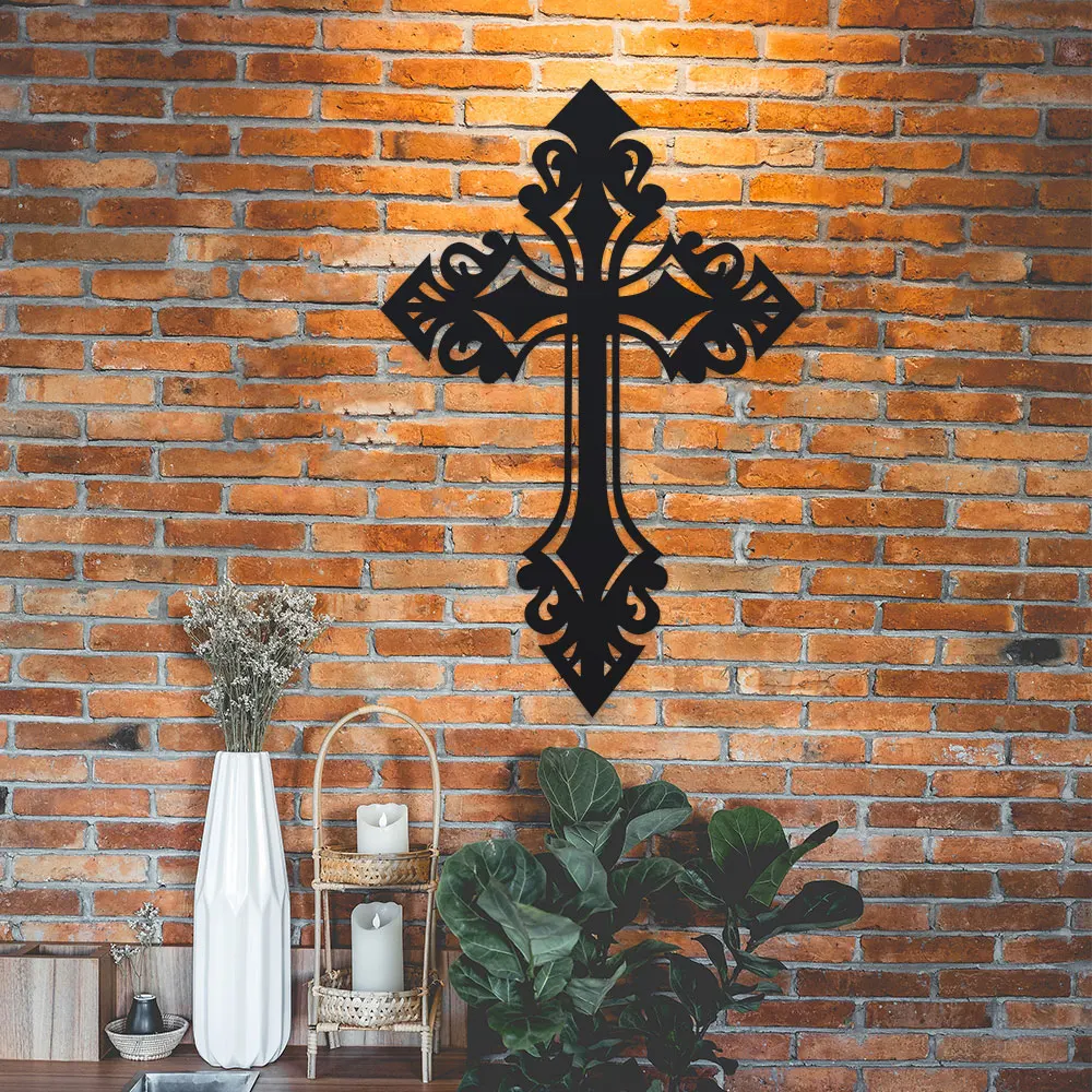 Elegant Black Metal Cross Wall Art with Intricate Vine & Branch Design - Modern Abstract Metal Art Decor Perfect for Room Decor