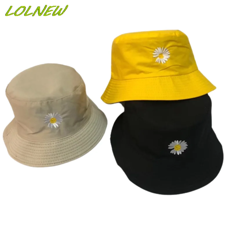 Bucket Hats Women Daisies Embroidered Double-sided Fisherman Hat Korean Style Solid Climbing Outdoor Sunscreen Bucket Hat