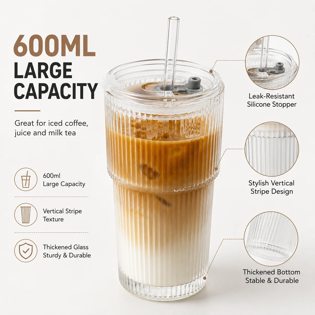 600ML Stripe Glass Coffee Cup with Lid and Straw Transparent Drinking Glasses for Juice Milk Tea Cups Iced Coffee Mugs Drinkware