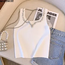 Sexy Diamonds Slim Knit Vests Women Crop Tops 2024 Summer Sleeveless Streetwear Stylish Solid Chic Female Knitwear Vests Jumpers
