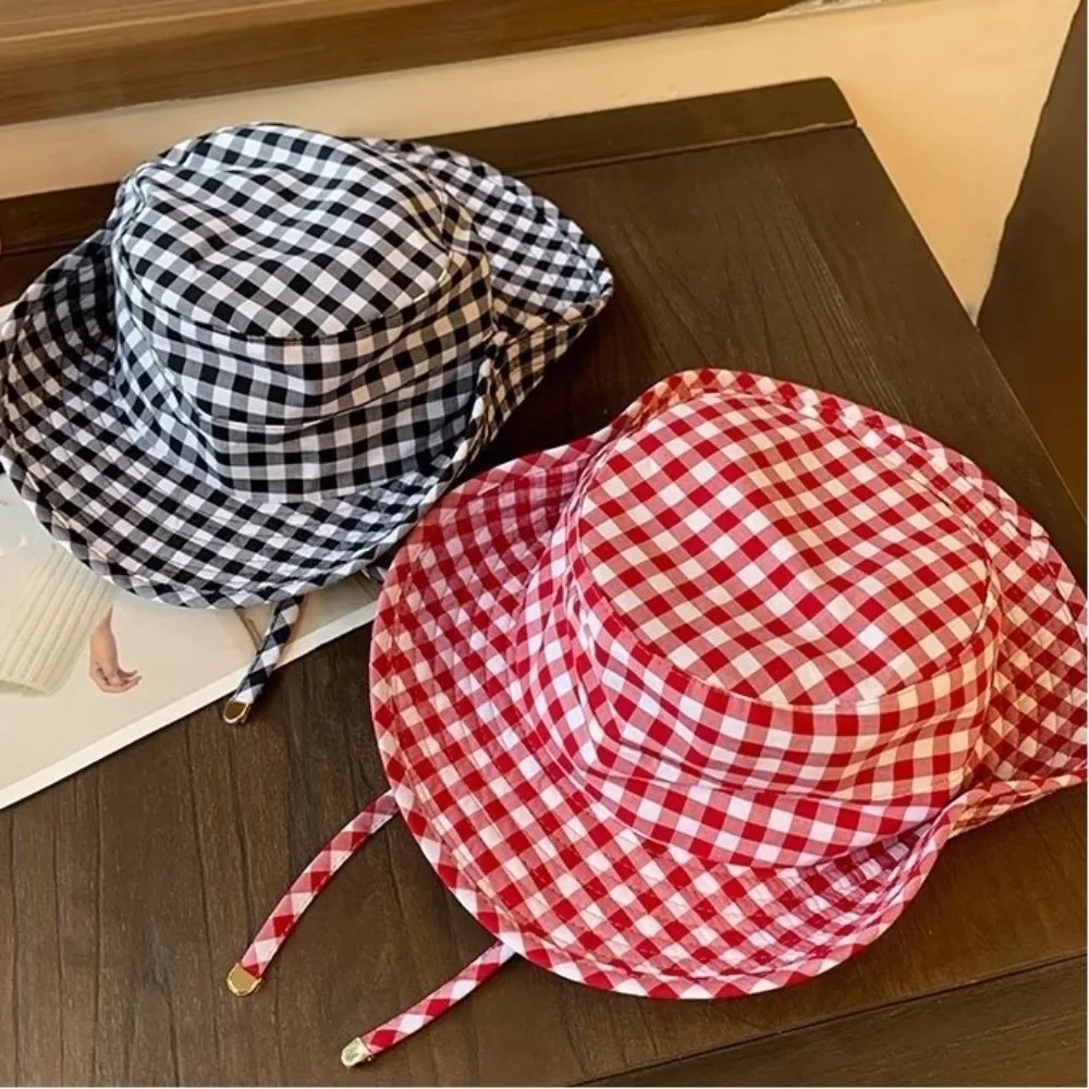 

Vintage Lace-up Plaids Bucket Hats Big Brim UV Protection Fisherman's Hat Sun Protection Sun Hat Women