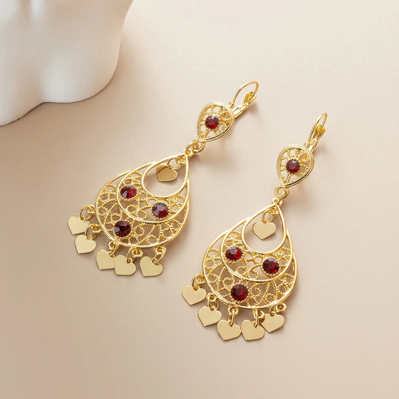 Bohemian Ethnic Tassel Earrings Teardrop with Heart Charms Gemstones Great for Arabian Weddings Festivals Daily Wear