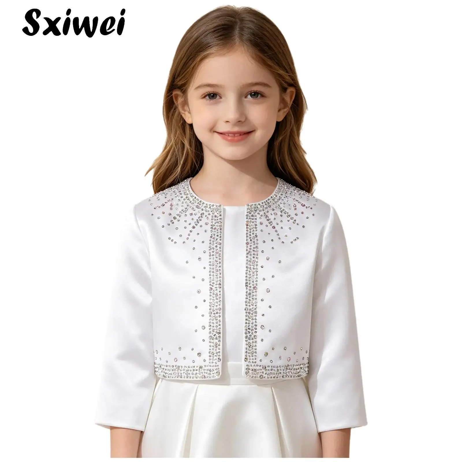 Child Girls Satin Bolero Jackets Kids Long Sleeve Open Front Shrug Cape Rhinestone Elegant Cardigan for Evening Wedding Party