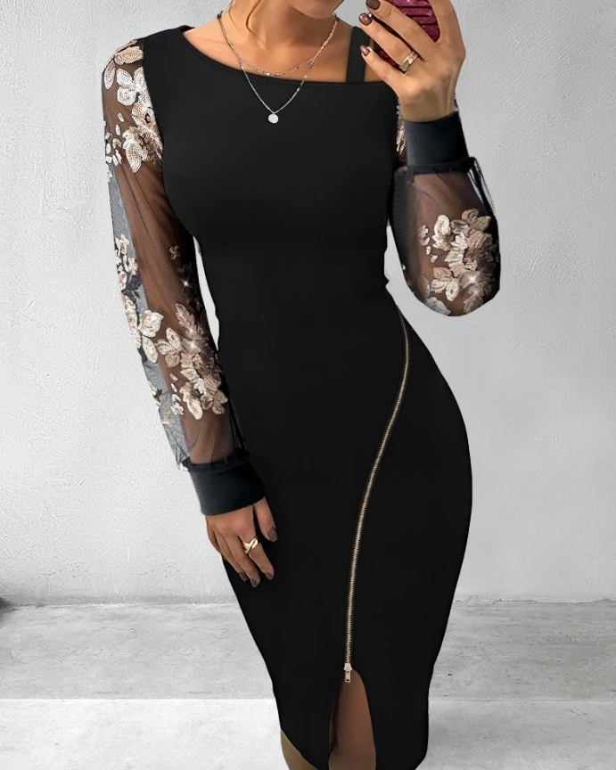 

Floral Pattern Contrast Sequin Cold Shoulder Bodycon Dress Zip Up Sheer Mesh Patch Midi Dress