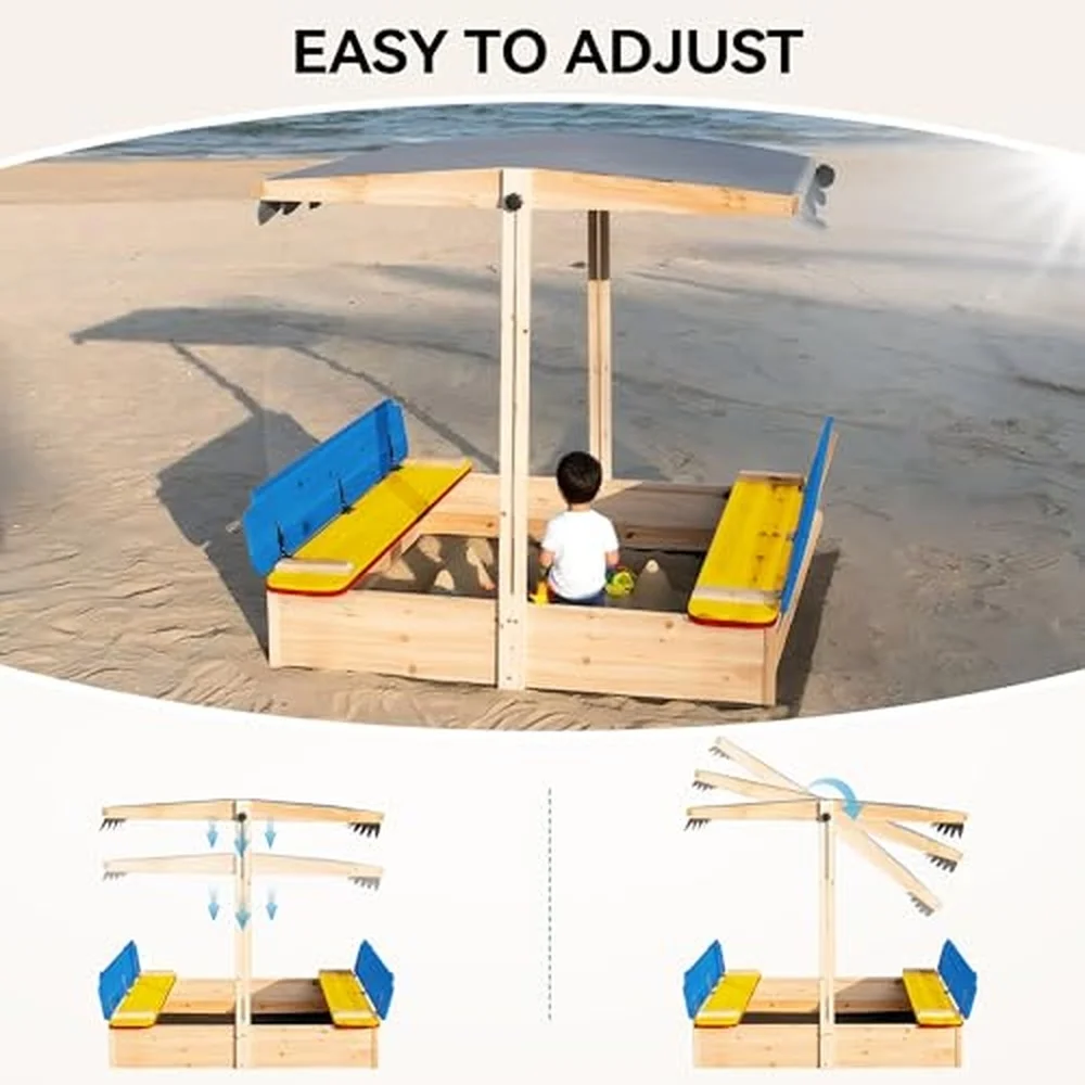Kids Wooden Sandbox Locking Lid Canopy & Foldable Benches