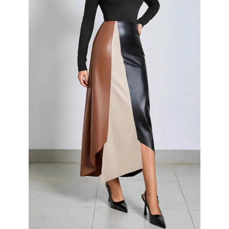 Tinaa Color Block Leather Skirt for Women 2026 New A-line Irregular-hem Elegant Officewear Pu Skirts Woman Clothes 198243