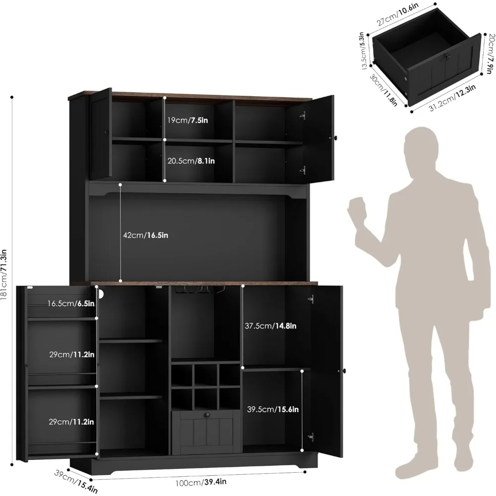 71 Pantry Cabinet with LED Light and Charging Station, Kitchen Pantry Cabinet with Microwave Stand, Kitchen Hutch Food