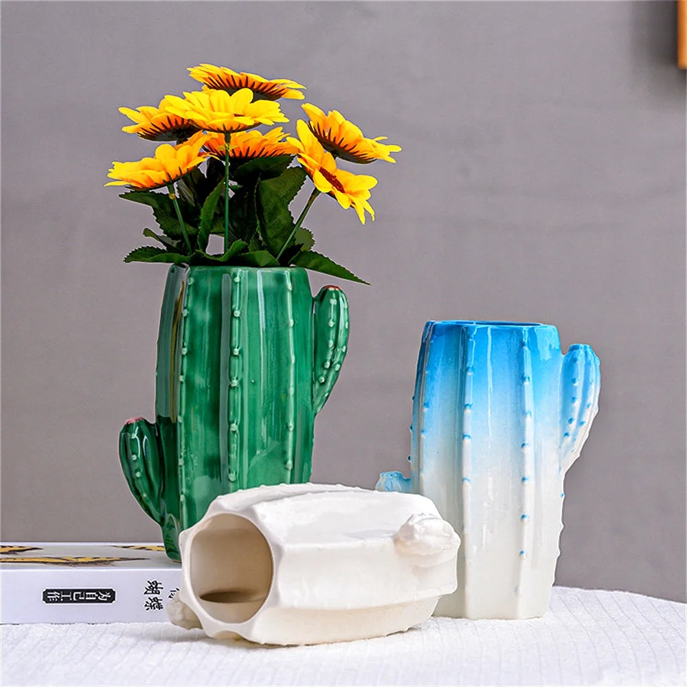 1 PC Cactus Ceramic Pen Holder Stand Cup Pencil Holder Organizer Makeup Brush Holders for Home Office Desk Green White Cactus