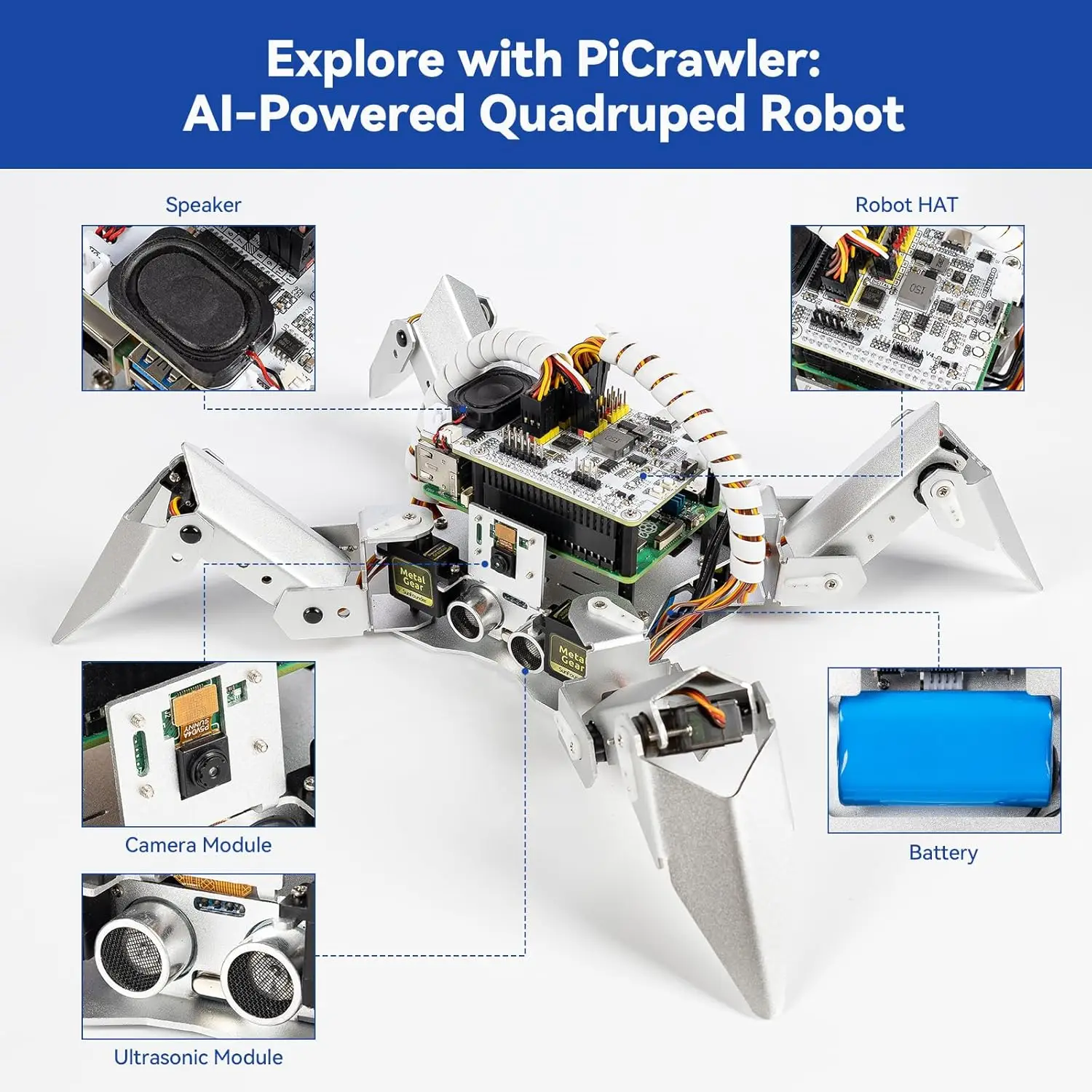 Комплект робота CC SunFounder PiCrawler AI для Raspberry Pi 5/4/3B+/3B/Zero, управление через приложение, FPV, камера, Python и царапины (без RPI)