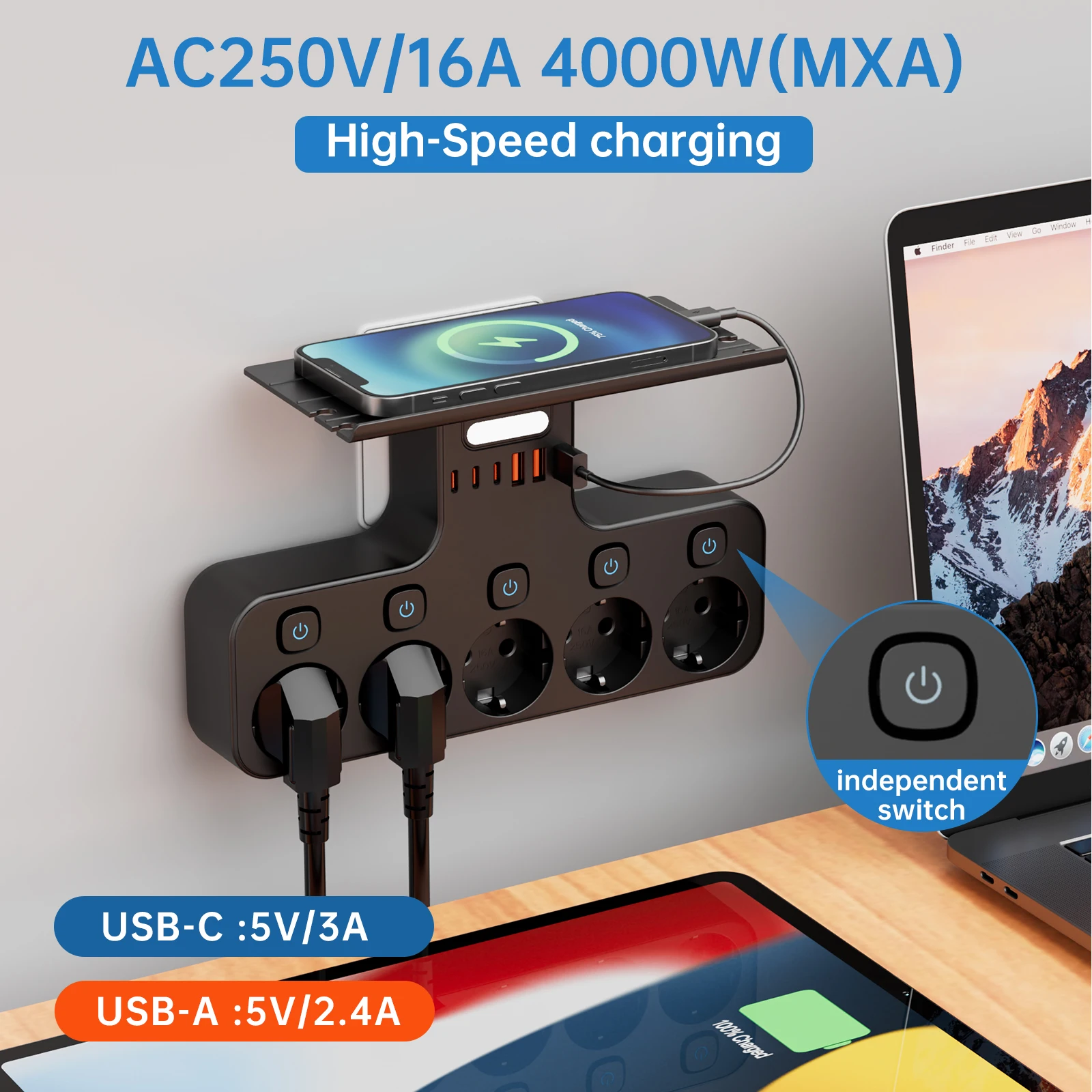 4000W EU Plug Multi-Function Wall Mounted Power Strip Independent Switches Sensor Night Light With 3USB-C 3USB-A Charging Ports