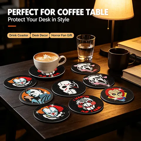Halloween Diamond Painting Coaster Set, Spooky Gothic DIY Cartoon Character Cup Mats Home Decor Souvenir New Arrival