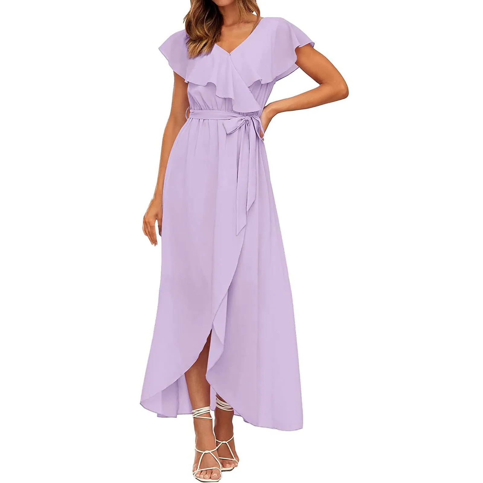 V Neck Ruffle Tie Hem Slit Short Sleeve Dress Boho Beach Dresses Retro