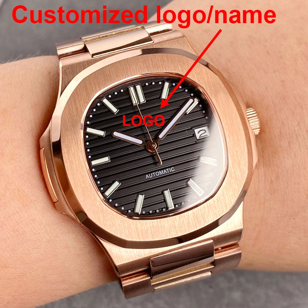 تخصيص كامل ارتفع الذهب مربع نحى حالة التلقائي الرجال ووتش NH35 حركة 10ATM للماء الياقوت الكريستال البني الهاتفي