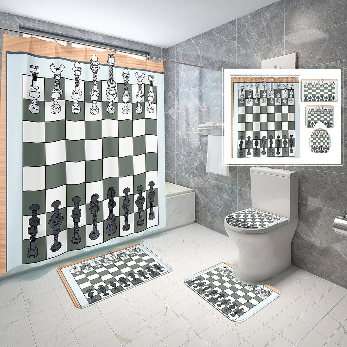 4-Piece Set Abstract Geometric Checkerboard Pattern Shower Curtain Chess Bath Curtain Non-Slip Bathroom Floor Mat Toilet Cover