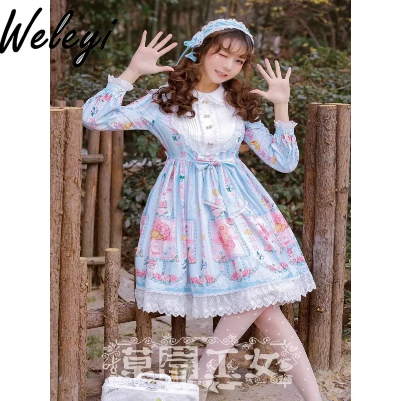 Princess Lolita Long Sleeve Dress for Women Spring and Autumn Original Sweet Girl Blueberry Color Doll Collar Midi Dresses Robe