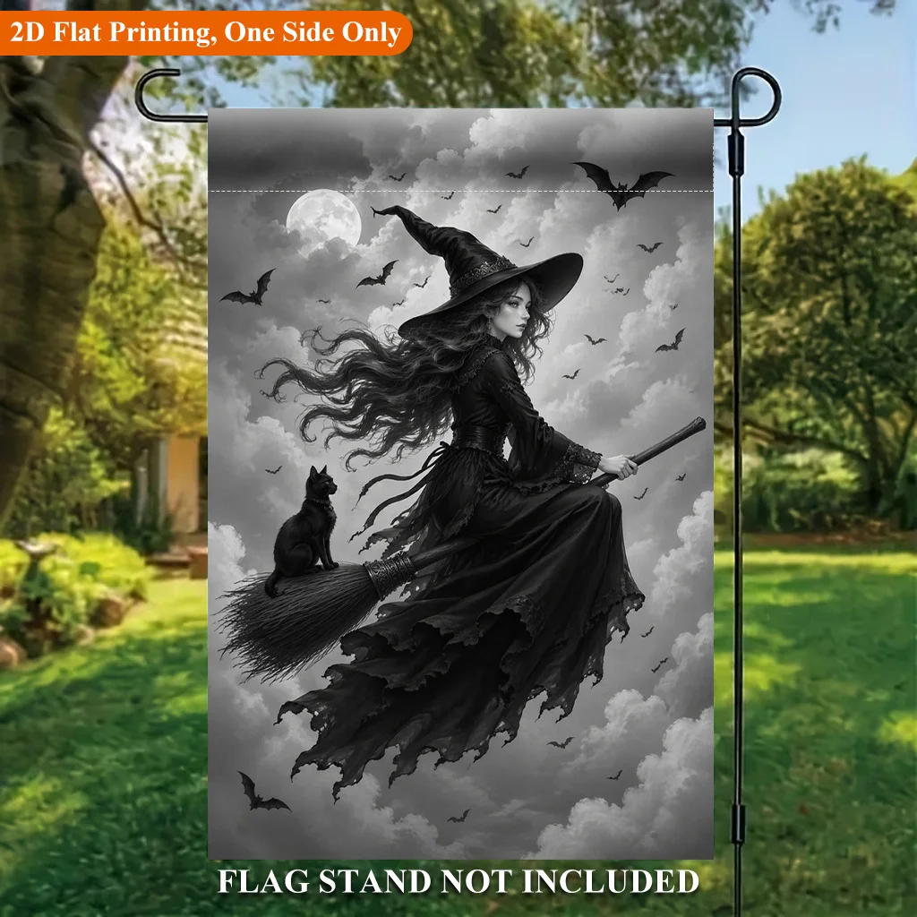 2D Flat Garden Flag 1 Piece, Witch Riding Broom Flying Night Sky Single-Sided Polyester Garden Flag, Holiday Yard Outdoor Flag, Suitable for Outdoor Home and Yard Holiday Decoration, Valentine's Day, Mother's Day, St. Patrick's Day, Easter, Christmas
