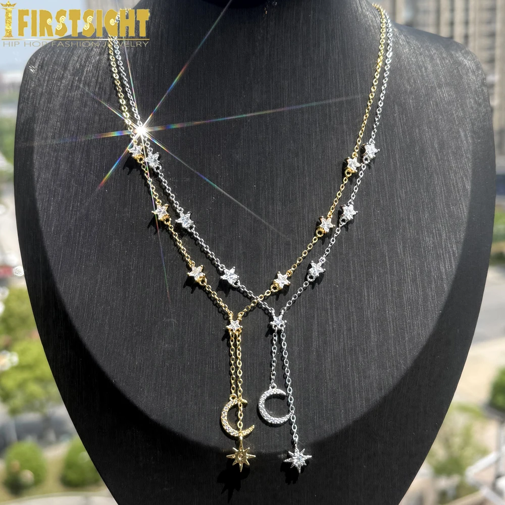New Iced Out Star Moon Midnight Pendant Necklace Gold Color Paved Tiny Sparking Shiny CZ Stone Charm Choker For Women Jewelry