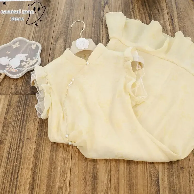 

Ruffles Hem Qipao Female Summer New Vestidos Princess Style Print Chesongam Chinese Dress Improved Chinese Dress Robe Gown