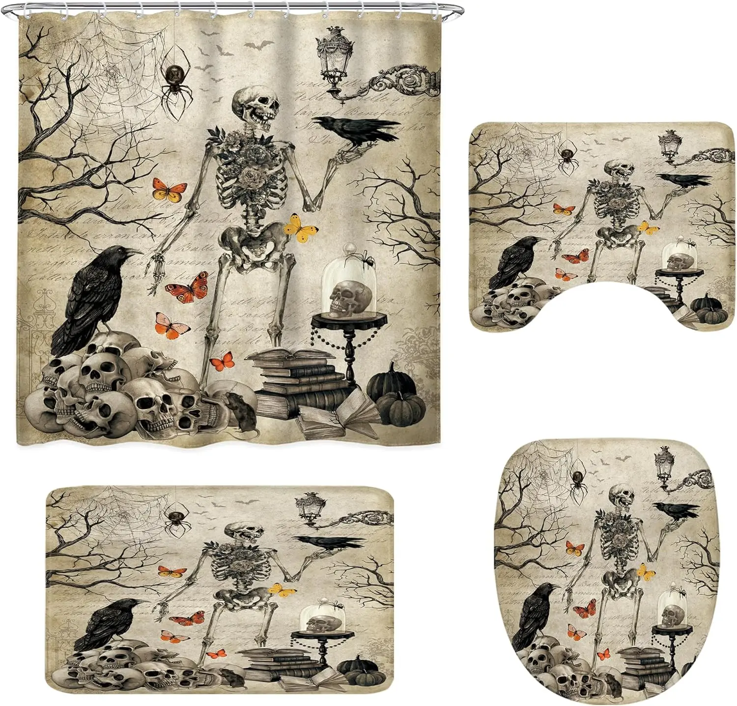 Skull Gothic Shower Curtain Sets，Spooky Scary Skeleton Spider 4PC with Rugs, Toilet Lid Cover and Bath Mat, Goth Halloween Bath